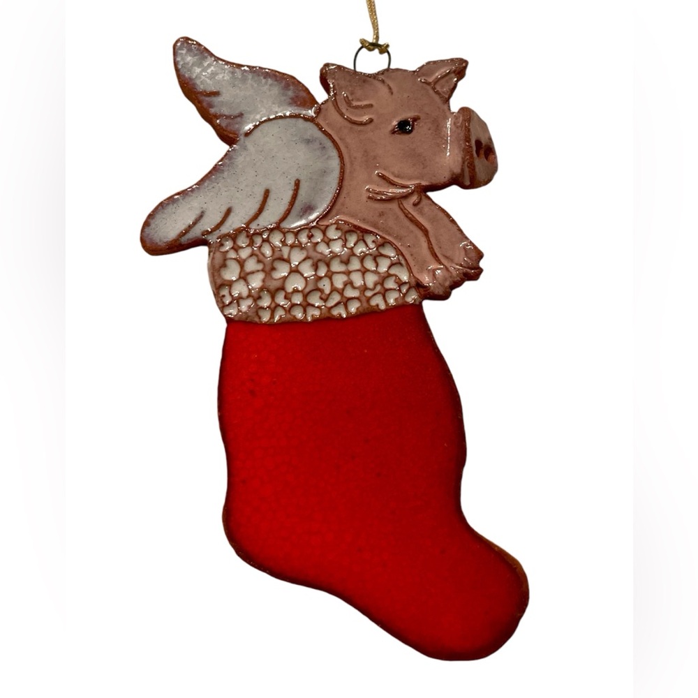 “When Pigs Fly!" ornament /pig w/wings in red stocking glazed wood ornament NWOT